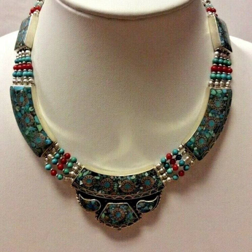 Tibet Silver Boho Necklace Inlaid Coral Turquoise